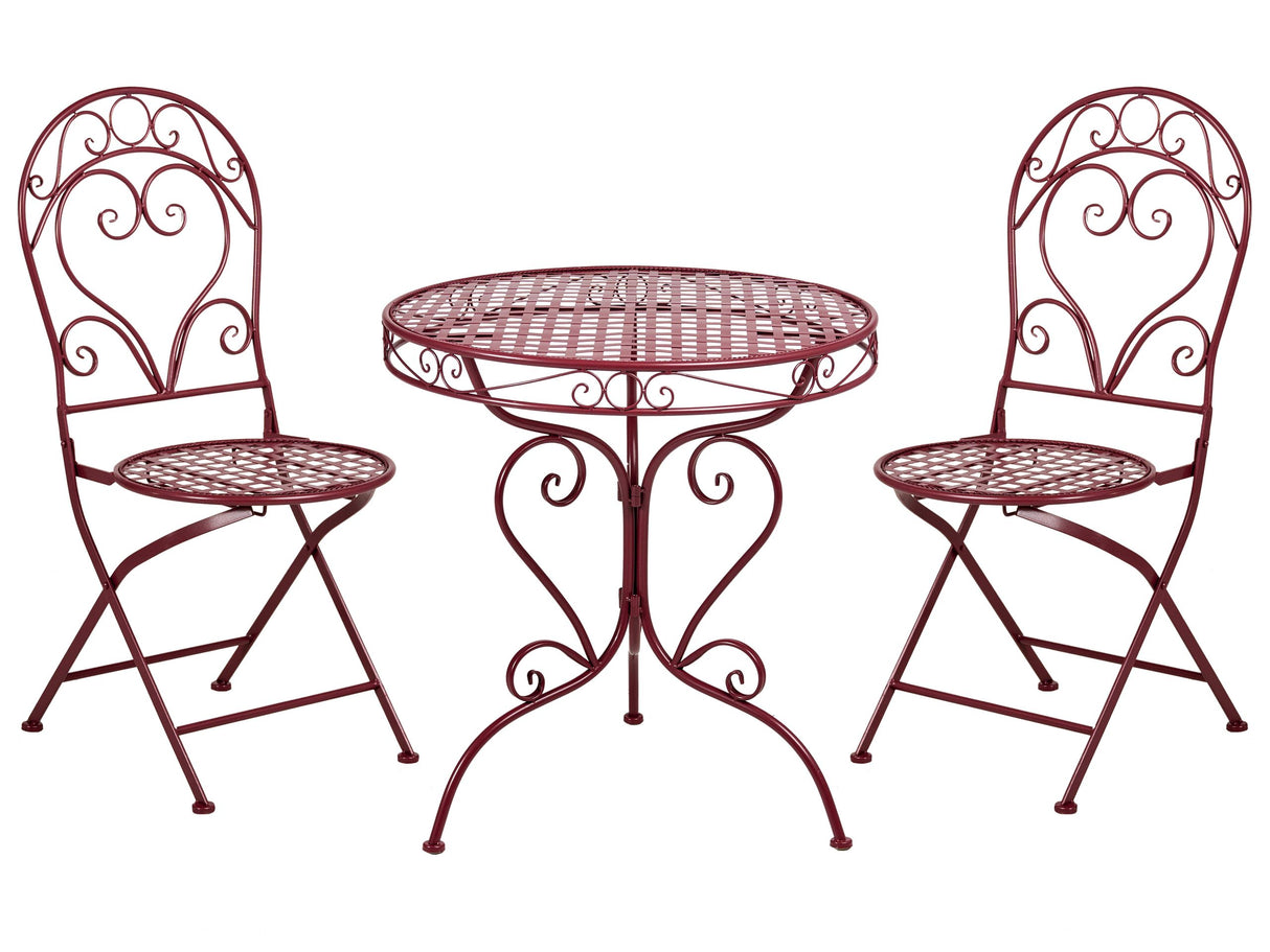 Garden Bistro Set Burgundy Metal Powder Coated 3 Piece Table and Chairs Beliani