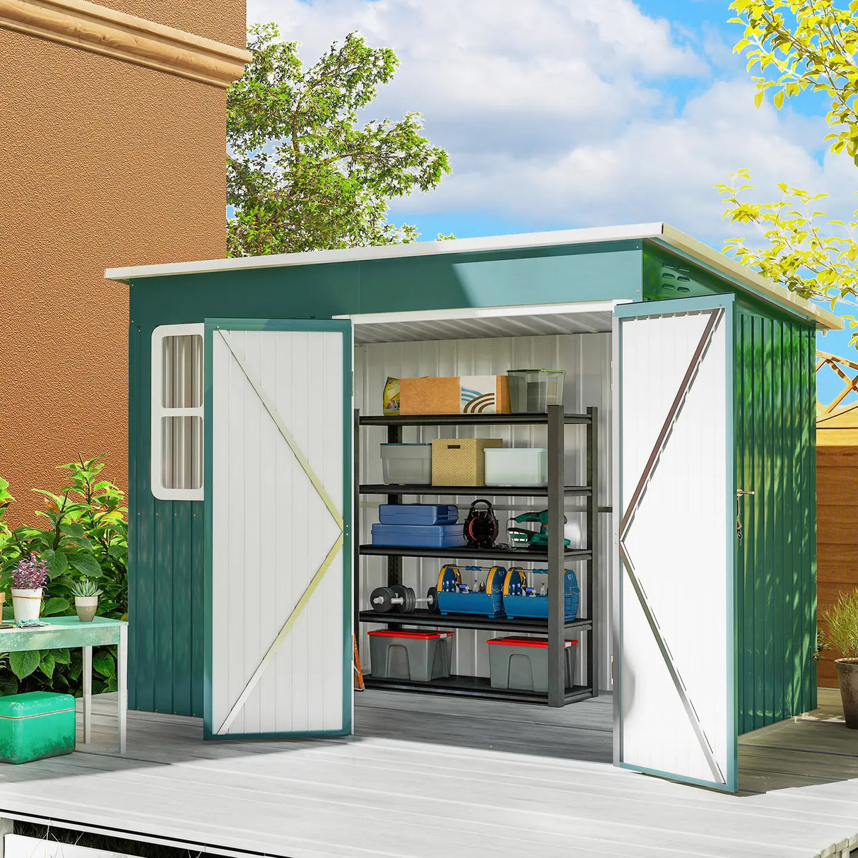 Outsunny 8.5 x 6ft Storage Shed Galvanised Steel Garden Shed, Metal Shed with Foundation Kit, Window, Lockable Wide Doors and Air Vents for Outdoor Patio, Green