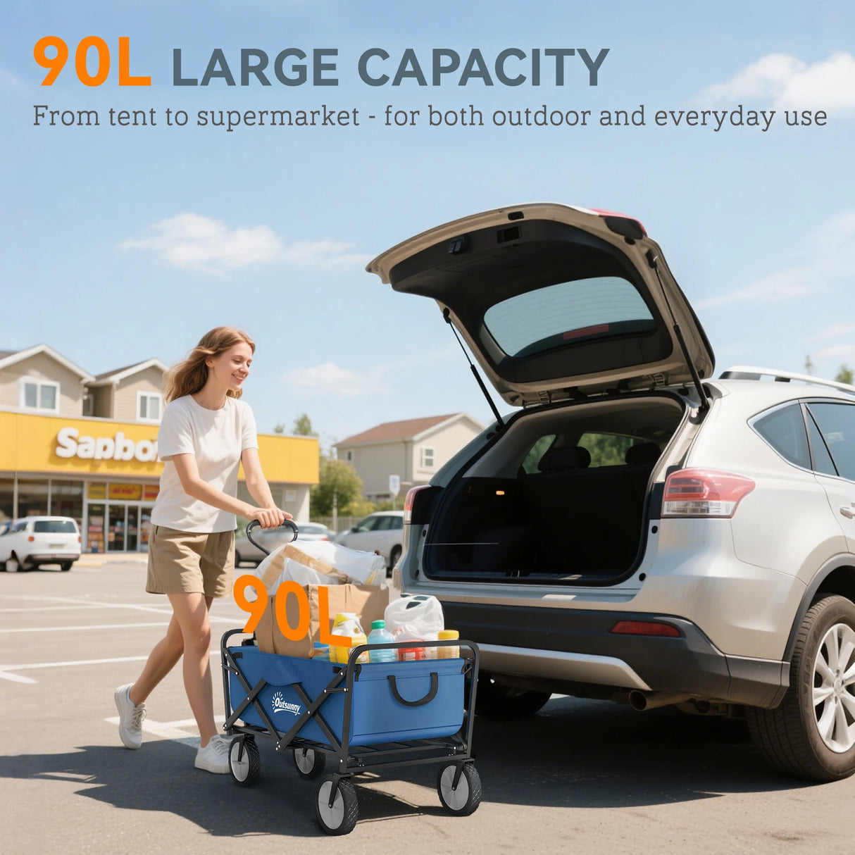 Outsunny 90L Festival Trolley on Wheels, Folding Camping Trolley Cart with Adjustable Handle, Portable for Outdoor, Garden, Shopping, Fishing, Navy Blue