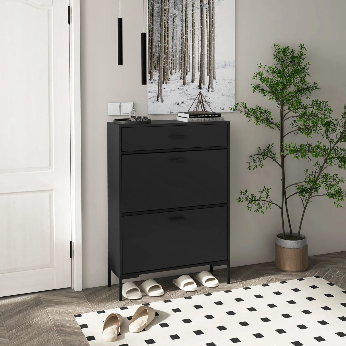 HOMCOM Three Drawer Slim Shoe Storage Cabinet, 12 Shoe Pairs - Black