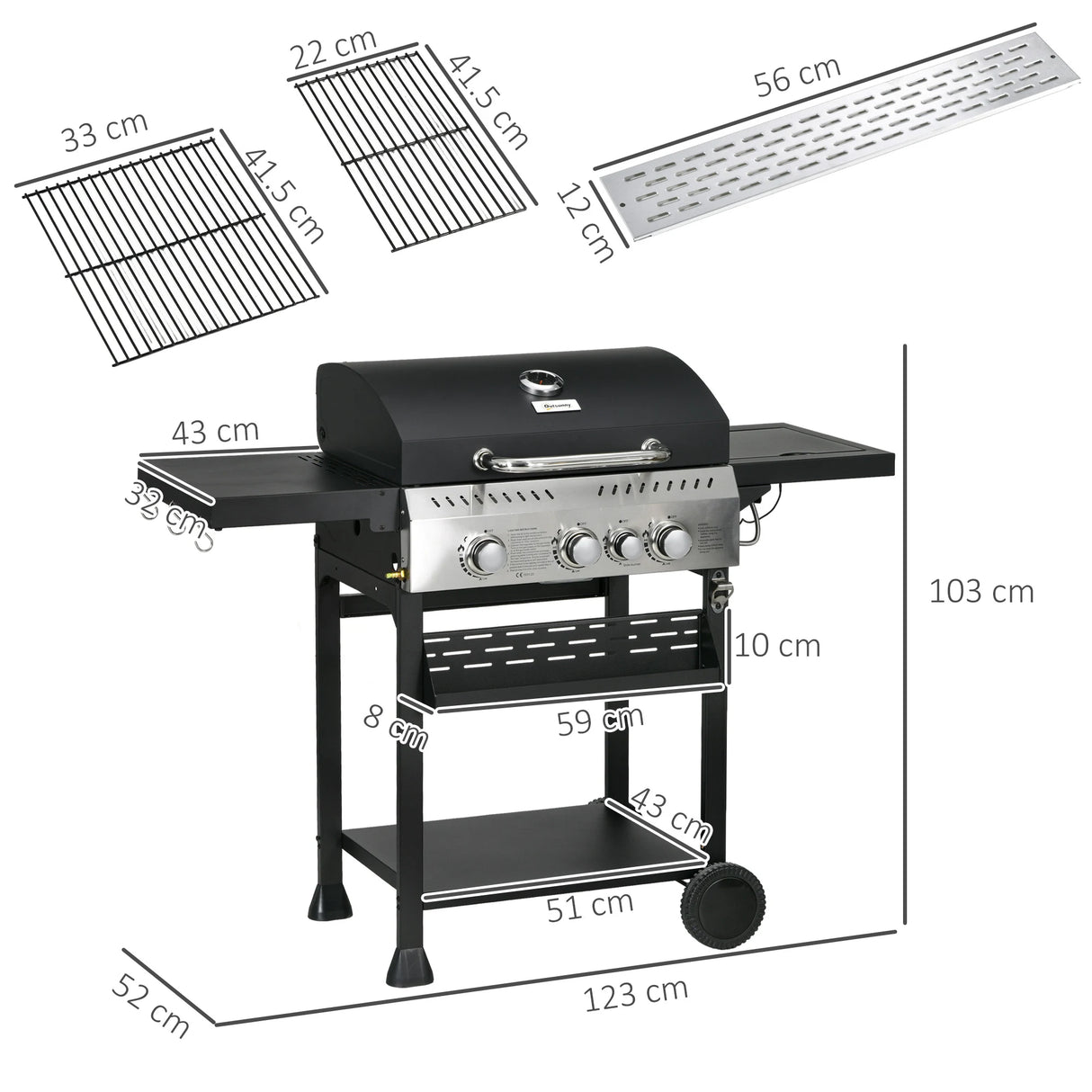 Outsunny Four-Burner Steel Gas Grill, with Thermometer - Black
