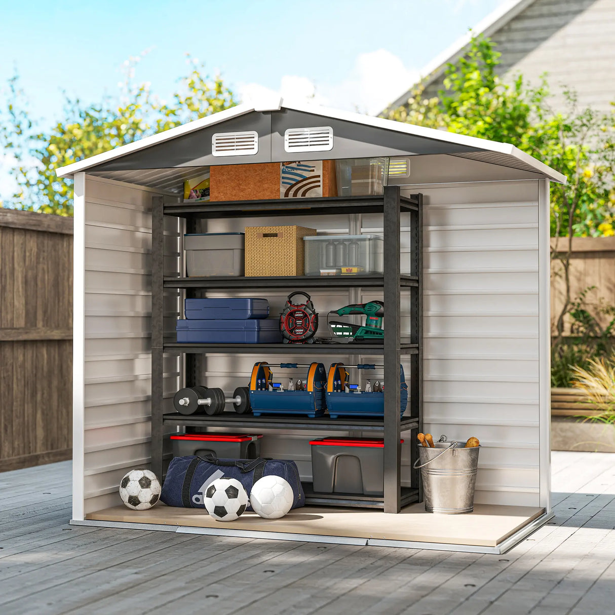 Outsunny 7 x 4ft Garden Shed, Easy to Assemble, Upgraded Galvanised Steel Frame with Foundation Kit, Double Doors with Lock, Outdoor Metal Shed with Vents and Gloves, Garden Storage Shed, Dark Grey