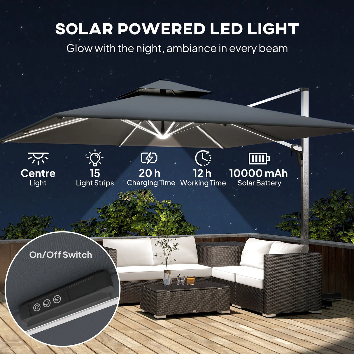 Outsunny 3(m) Garden Cantilever Parasol with Solar LED Lights, Cross Base, 360 Rotation, Crank Handle and Tilt, Grey