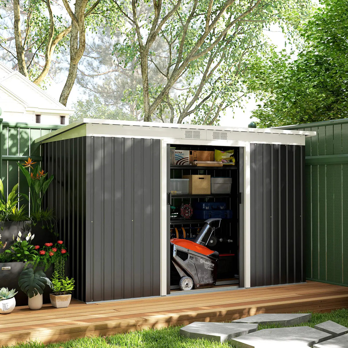 Outsunny 9ft x 4ft Metal Garden Shed, Outdoor Tool House with Foundation Kit, Ventilations and Double Doors, Dark Grey