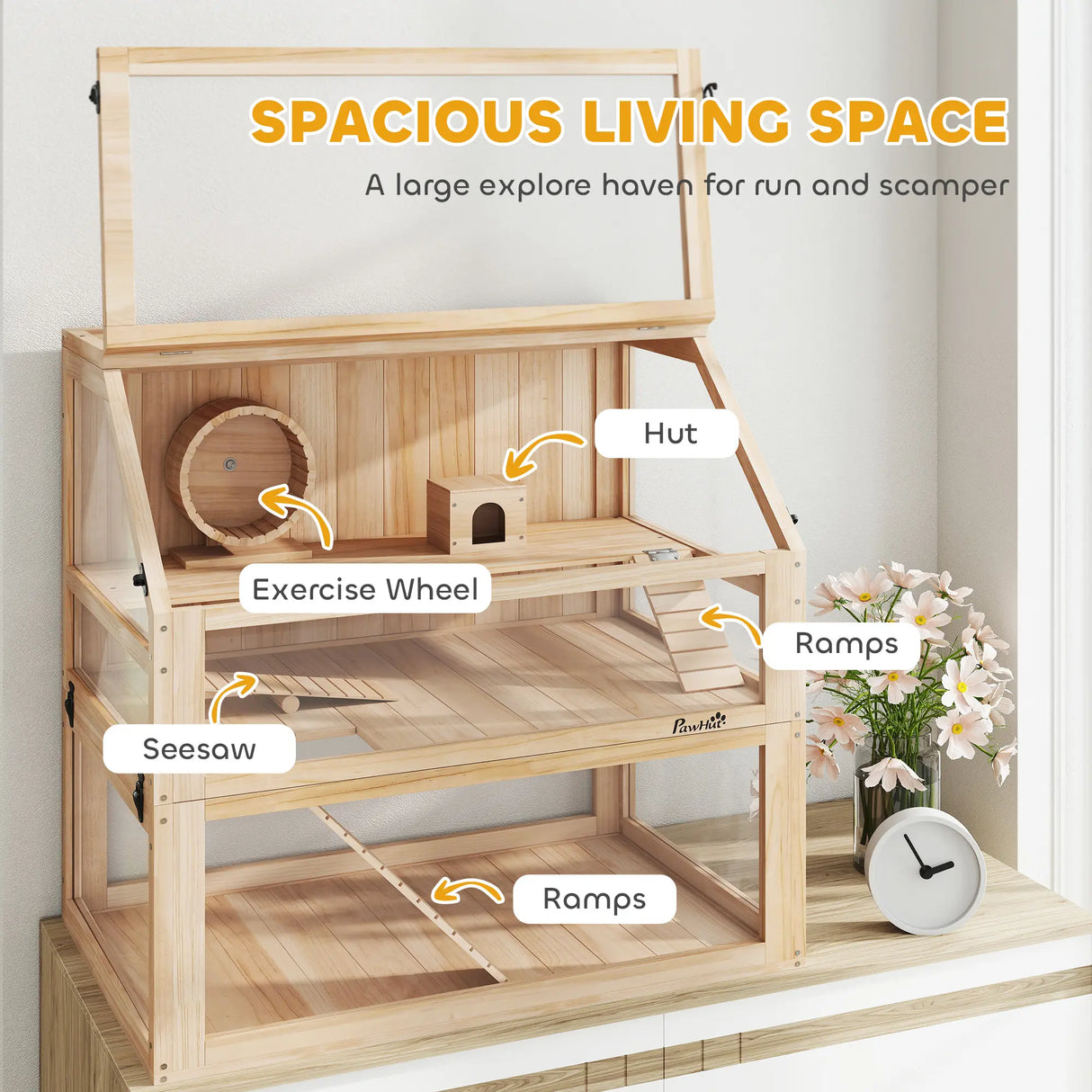 PawHut Wooden Hamster Cage with Detachable 31cm Deep Bottom, Hut, Seesaw, Exercise Wheel, Ramp, 80 x 50 x 76cm, Natural