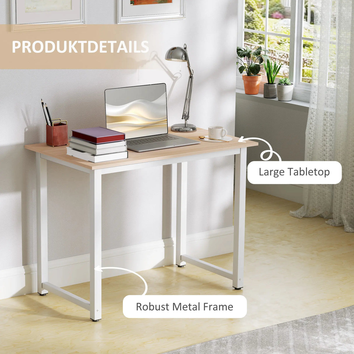 HOMCOM Computer Desk, Writing Table, 100 x 60 x 76cm Workstation for Home Office, Study with Metal Frame, Simple Assembly, White