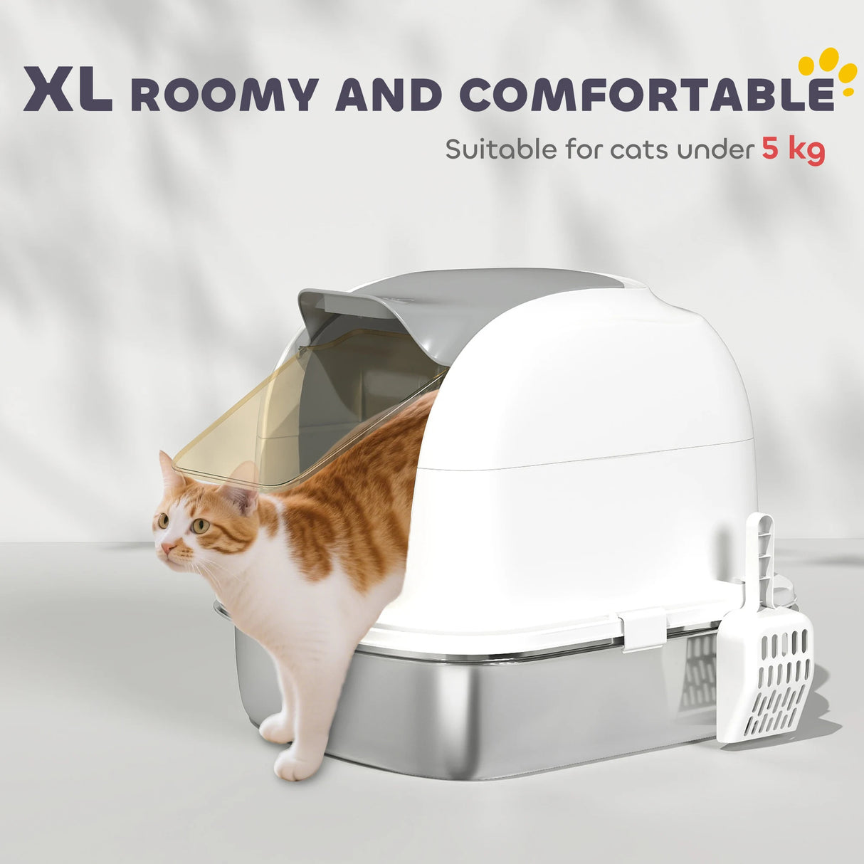 PawHut Stainless Steel Cat Litter Box with Lid, for Cats, Enclosed Cat Litter Box with Flip Cover, Scoop