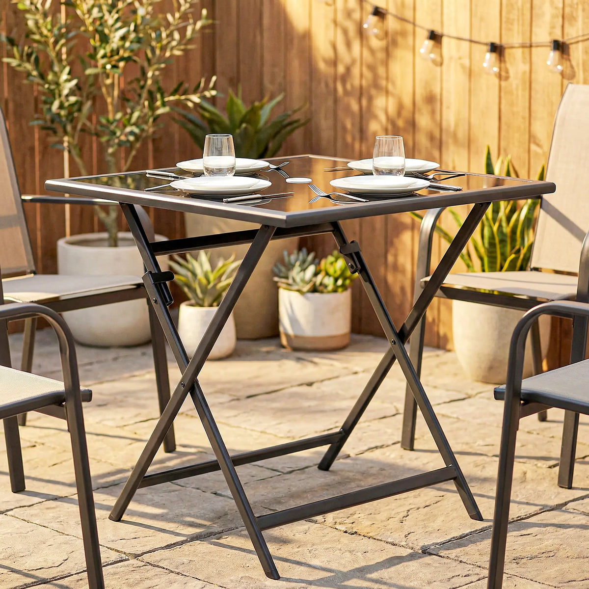 Outsunny Folding Outdoor Dining Table, Square Garden Table Tempered Glass Top with Parasol Hole Garden Patio, 70 x 70 x 70 cm