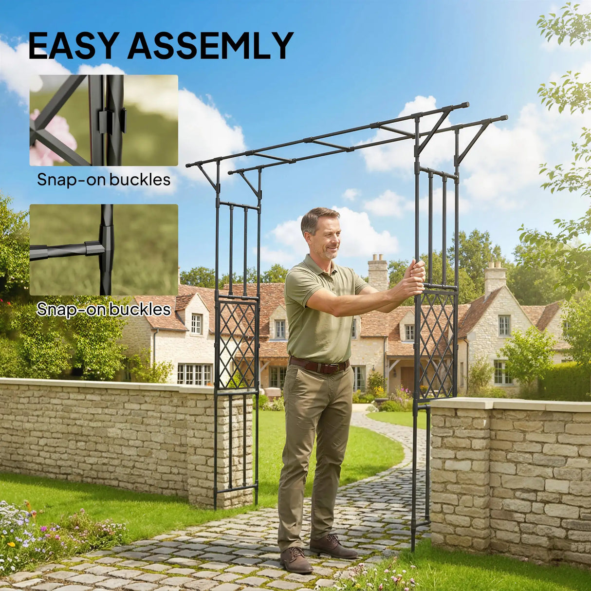 Outsunny Garden Arch, PE-Coated Steel Arbour Trellis for Climbing Plants, Rose Arch, 180 x 40 x 215 cm, Black
