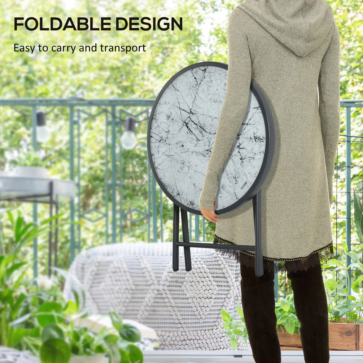 Outsunny 45cm Garden Side Table, Outdoor Round Folding Patio Table with Imitation Marble Glass Top, Small Coffee Table, White