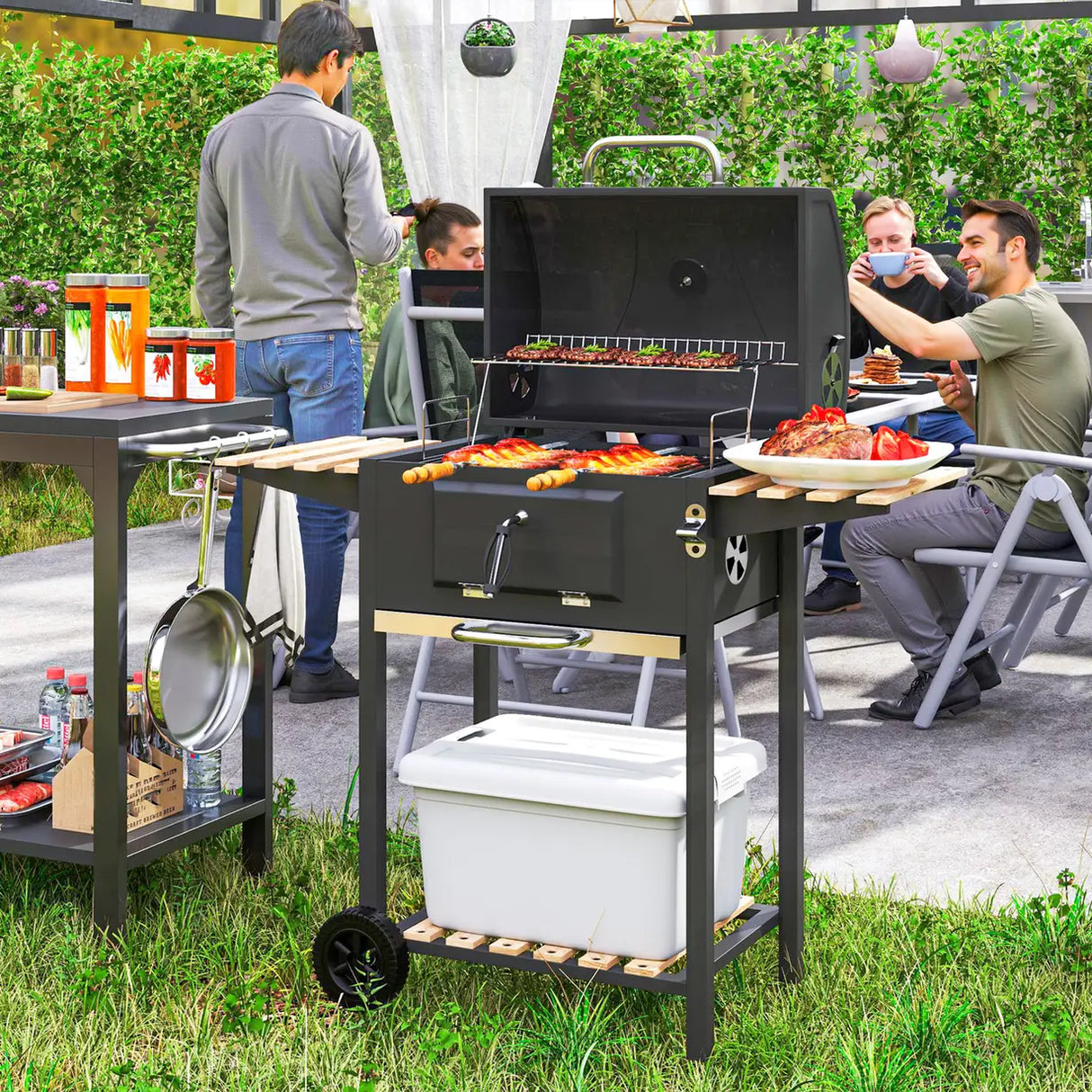 Outsunny Charcoal BBQ Grill with Height Adjustable Charcoal Pan, Barbecue Smoker with Warming Rack, 3 Shelves, Temperature Gauge, Wheels, Bottle Opener for Outdoor Cooking Garden Party