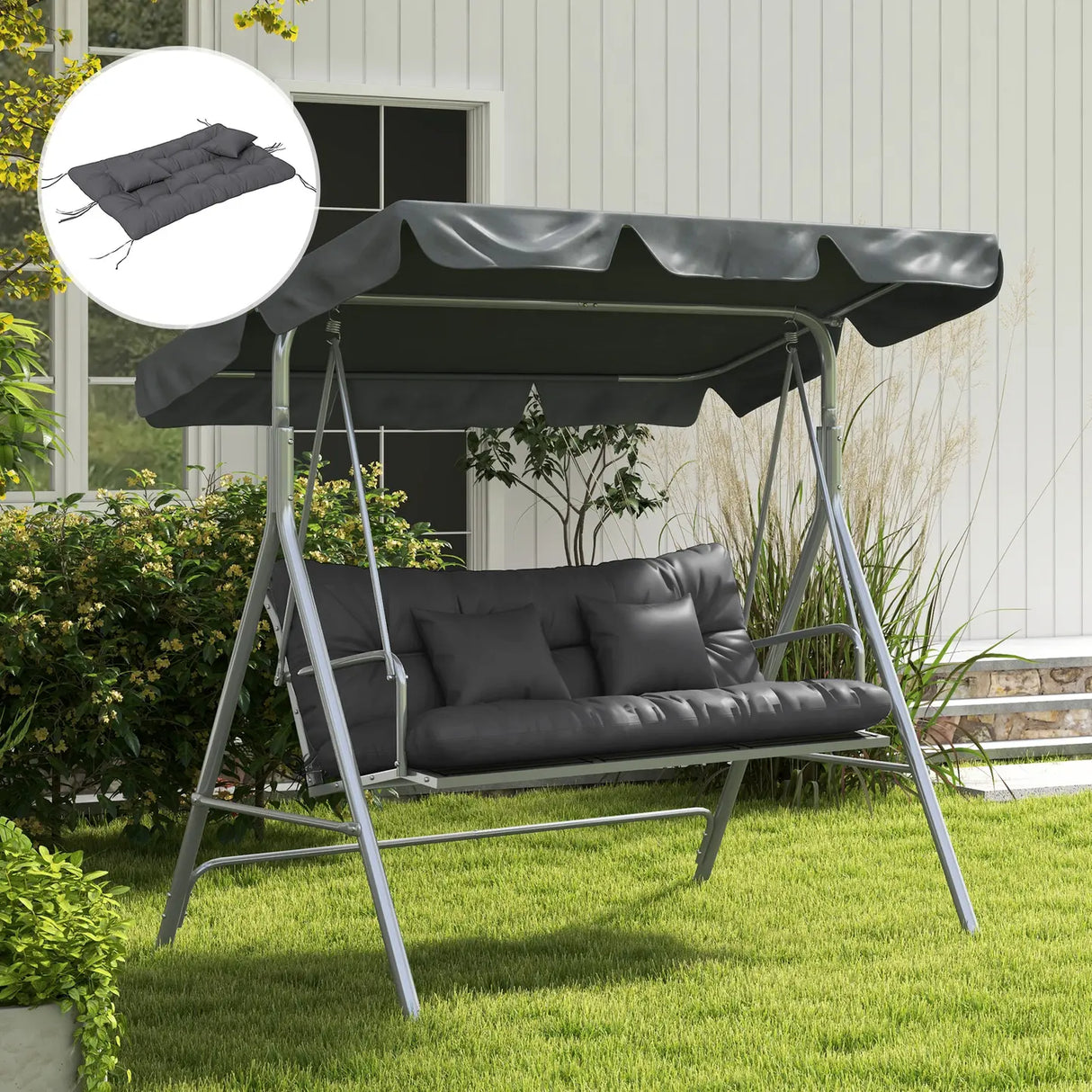 Outsunny Back and Seat Cushion Replacement with 2 Pillows, Patio Chair Cushions Set with Ties, Charcoal Grey