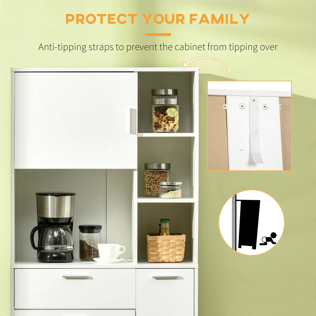HOMCOM Kitchen Cupboard, Modern Kitchen Storage Cabinet with Shelves and Drawer, Free Standing Kitchen Units, 166 cm, White
