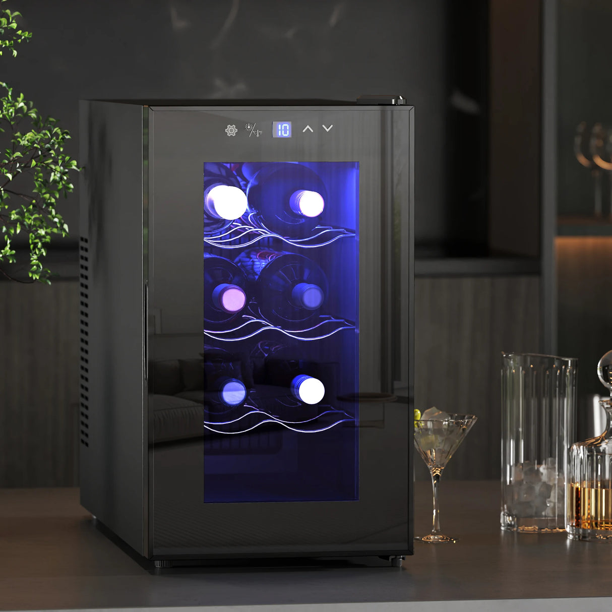 HOMCOM Mini Table Top Wine Fridge, 8 Bottle, 17L, 8-18, 26.5cm Quiet Under Counter Wine Cooler Fridge with Glass Door, LED Light, Digital Touch Screen, Temperature Control