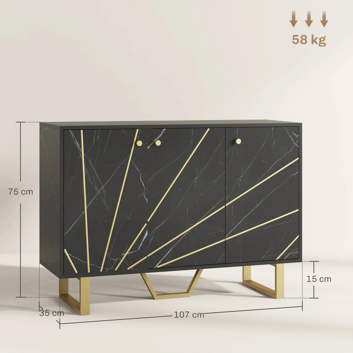 HOMCOM Sideboard Storage Cabinet, Modern Storage Cupboard with Adjustable Shelves and Metal Legs for Living Room, Kitchen, Dining Room, Entryway, Black Marble Tone