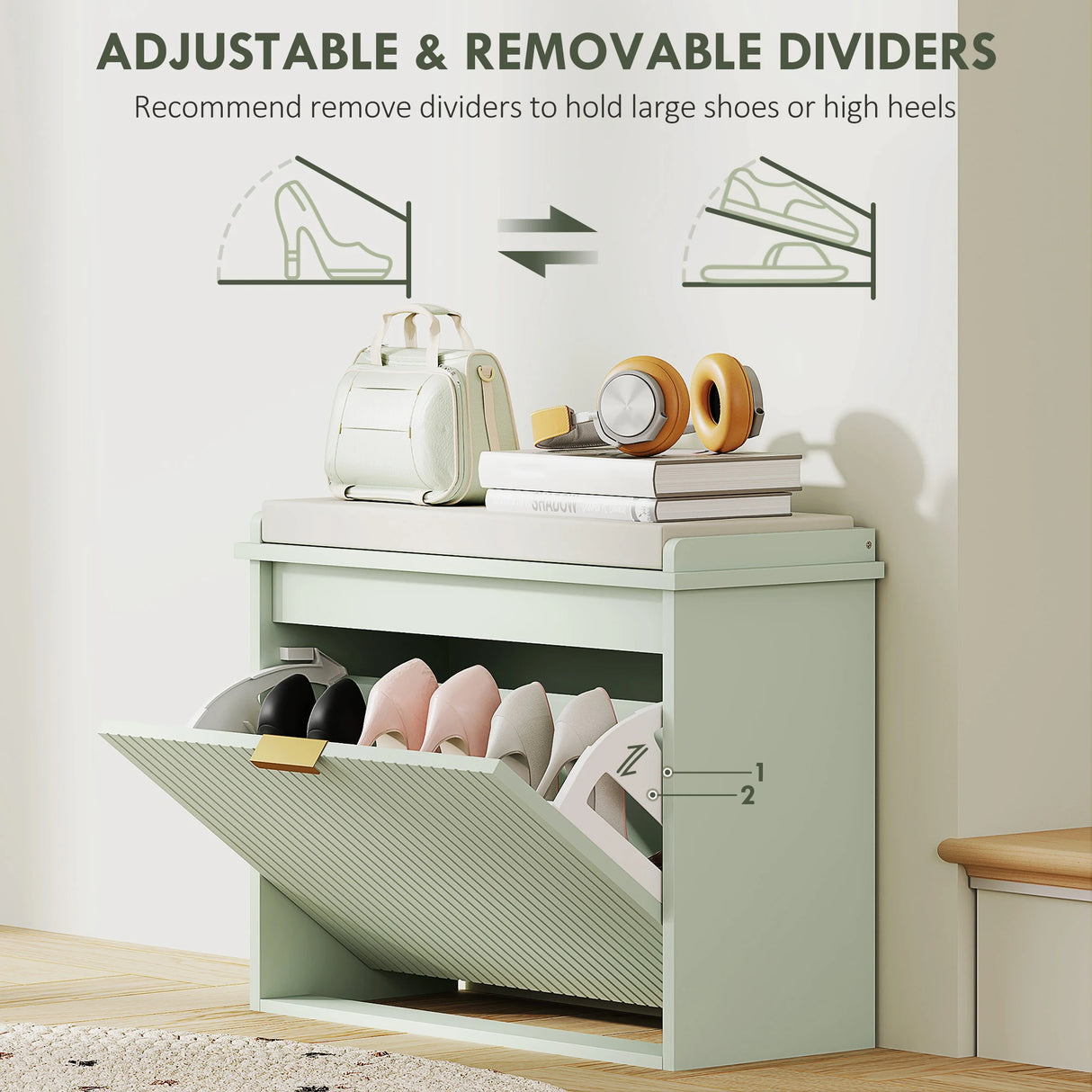 HOMCOM Elegant Six Shoe Bench, with Top Seat - Green