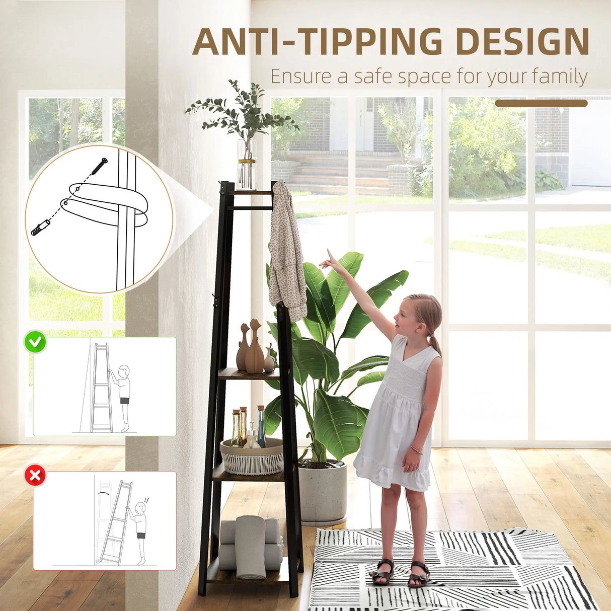 HOMCOM Compact Freestanding Coat Rack - Black/Brown