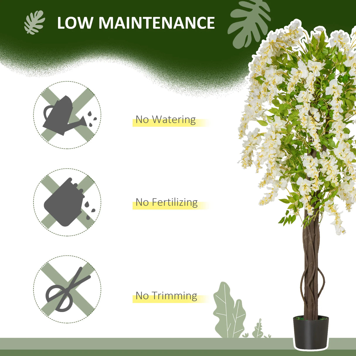 HOMCOM Artificial Realistic White Wisteria Tree Faux Decorative Plant in Nursery Pot for Indoor Dcor, 160cm