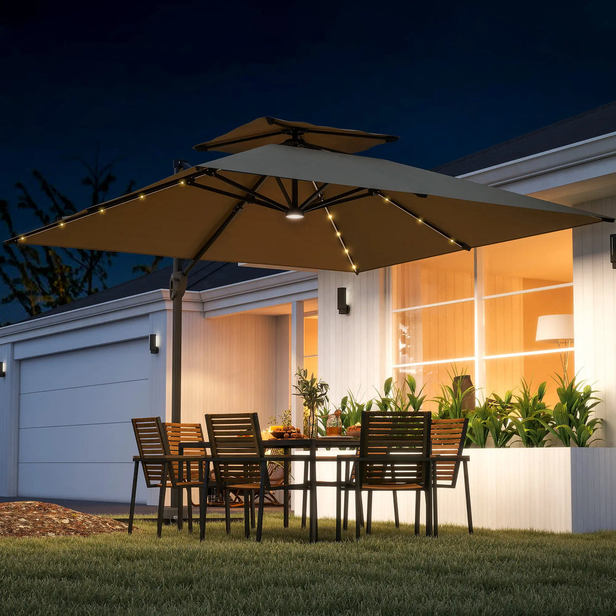 Outsunny Multi-Angle LED Light Parasol Umbrella - Khaki