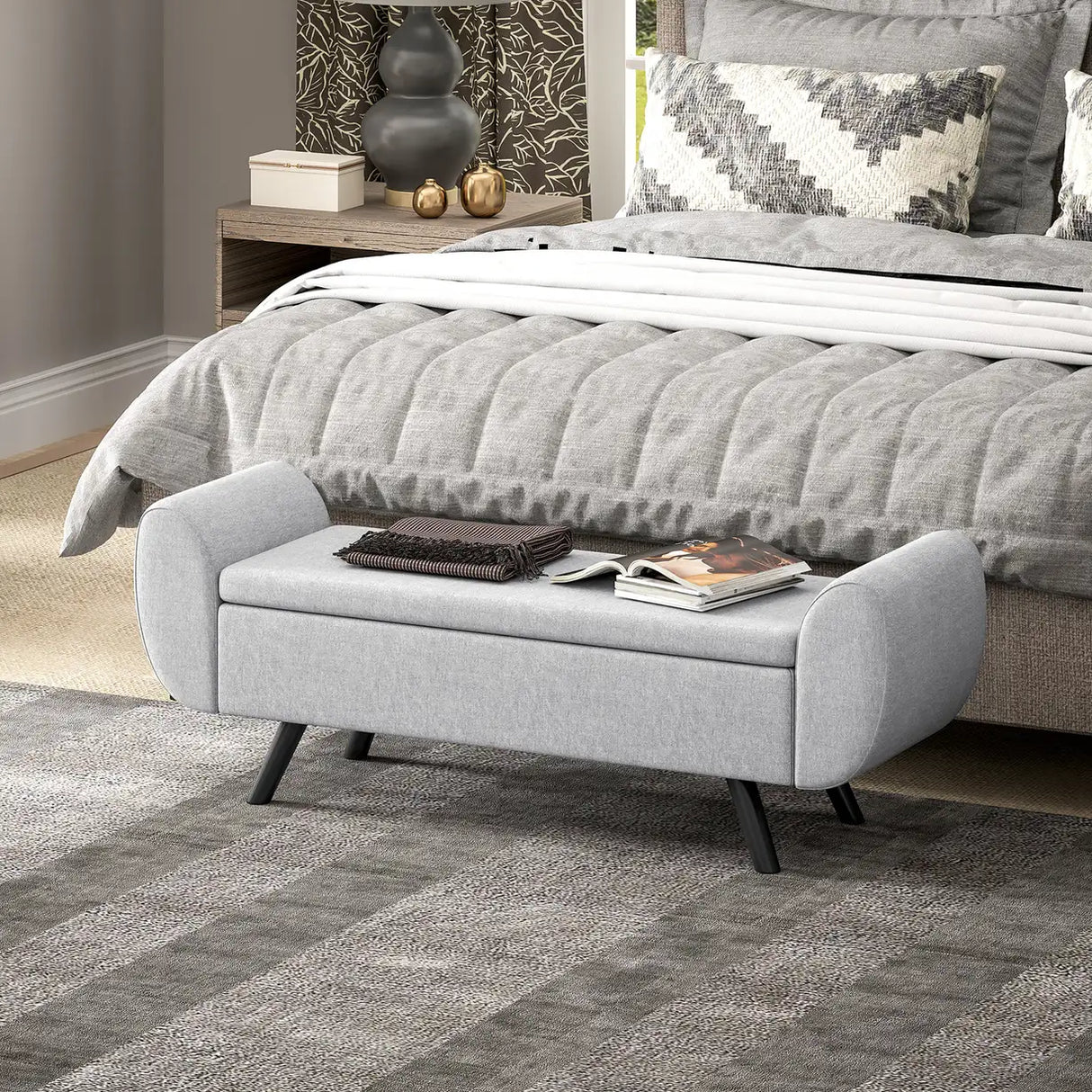 HOMCOM Storage Ottoman with Armrest, Upholstered Linen Storage Bench, Window Seat with Rubberwood Legs, Footstool for Bedroom Living Room, Hallway, Light Grey