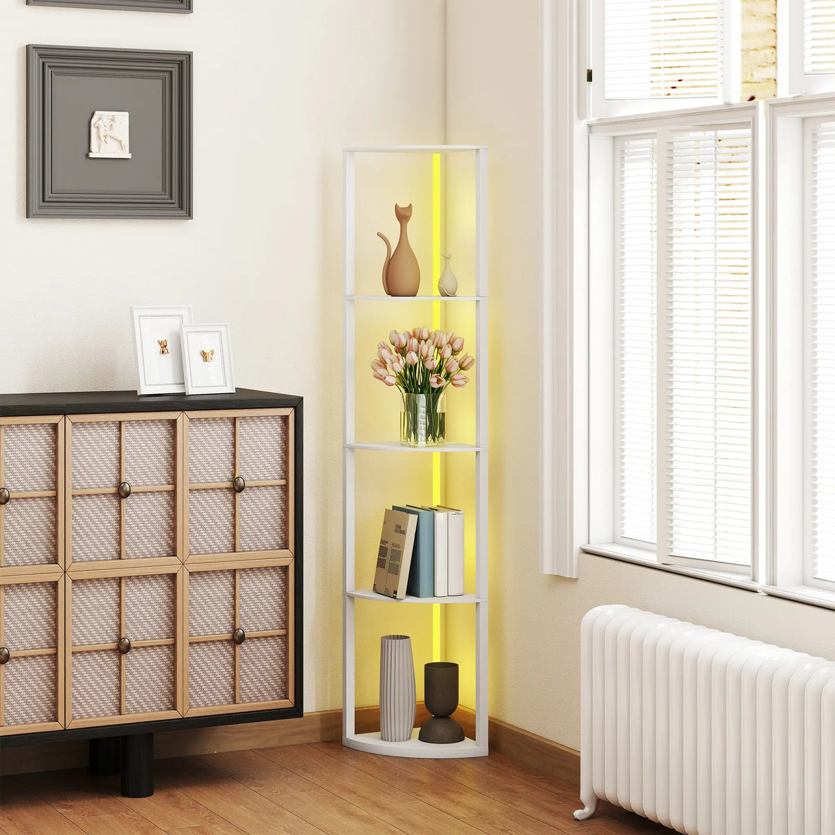 HOMCOM RGB LED Floor Lamp with Shelves, 5-Tier Dimmable Standing Lamp with Adjustable Brightness and Remote Control, Modern Corner Display Shelf Unit for Living Room Bedroom Office, White