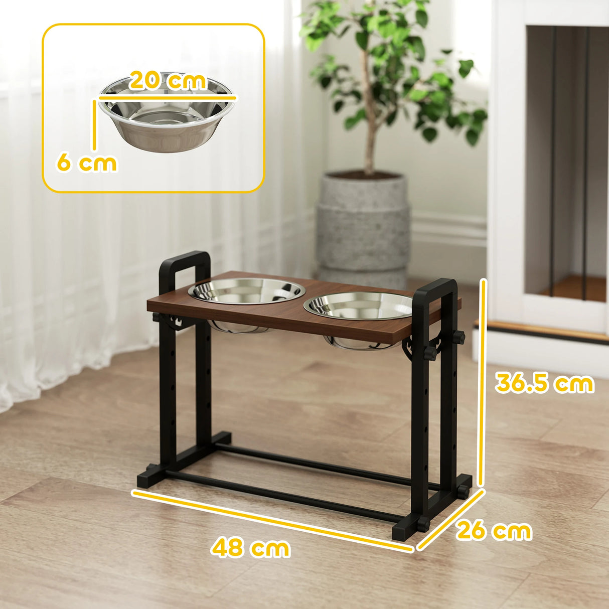 PawHut Raised Dog Bowls with Stand, 4 Heights Adjustable Pet Feeder with 3 Adjustable Angles for Small, Medium & Large Breeds, Brown