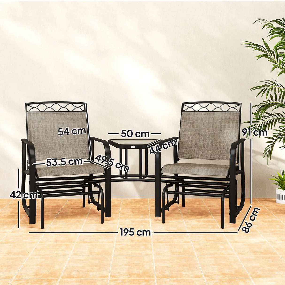 Outsunny Double Outdoor Glider Chair, 2 Seater Patio Rocking Chairs, Swing Bench with Tempered Glass Table, Breathable Mesh Fabric for Backyard, Garden, Porch, Brown