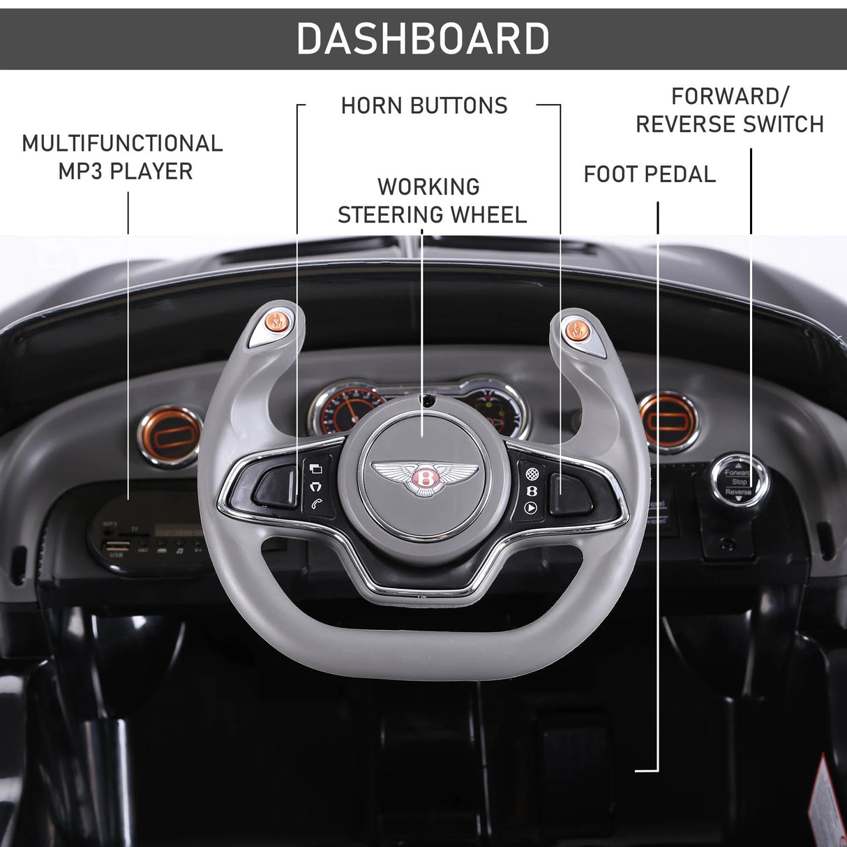 HOMCOM Bentley GT Licensed 12V Electric Car for Kids, Kid's Electric Ride on with Remote Control, Ride on Car with LED Lights, Music, for 3-5 Years, Black