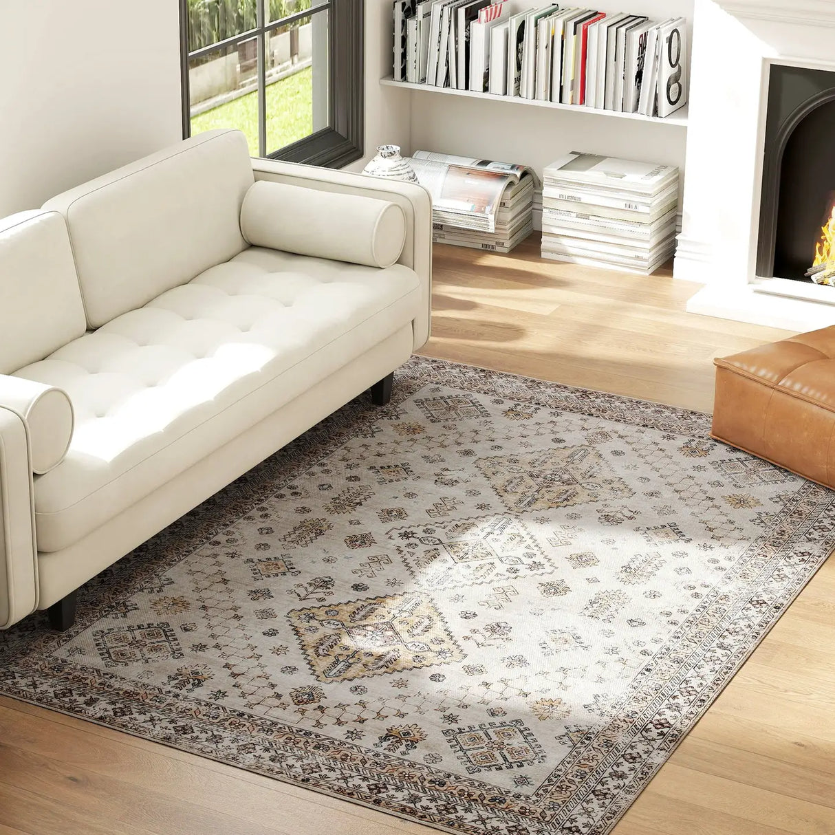 HOMCOM Vintage Area Rug, Non-Slip Washable Rug, Flannel Floor Carpet for Living Room, Bedroom, Dining Room, Home Office, 230 x 160 cm, Beige