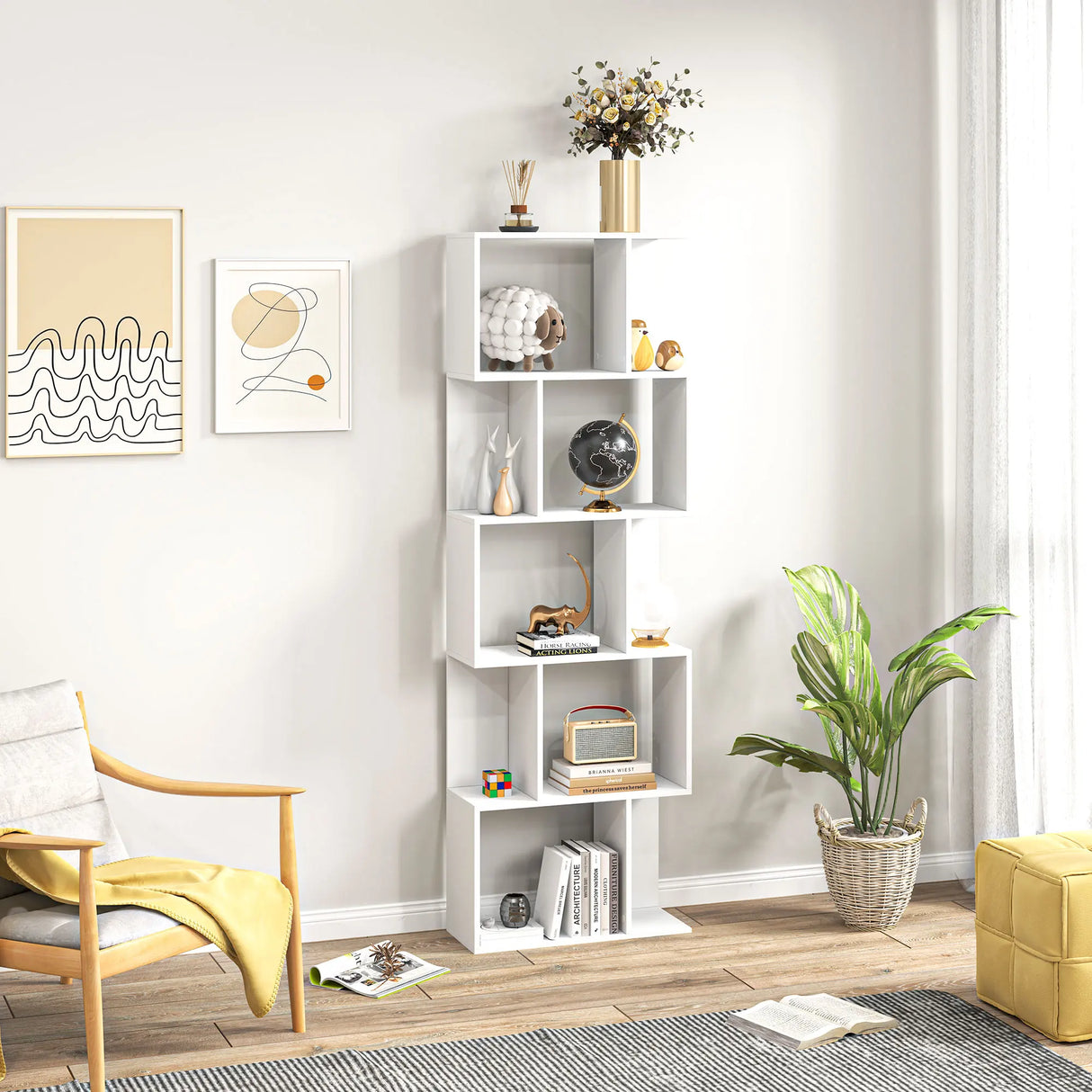 HOMCOM Bookcase, S-Shaped Wooden Bookshelf, 5 Tiers Freestanding Storage Shelf, Home Office Display Stand Rack, White