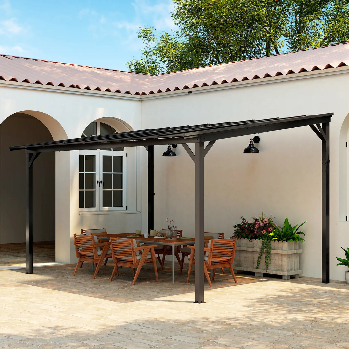 Outsunny 3 x 4.3m Metal Pergola with UPF 50+ and Waterproof Polycarbonate Roof, Wall-Mounted or Free Standing Garden Gazebo, Wind-resistant Outdoor Sun Shade, Dark Grey