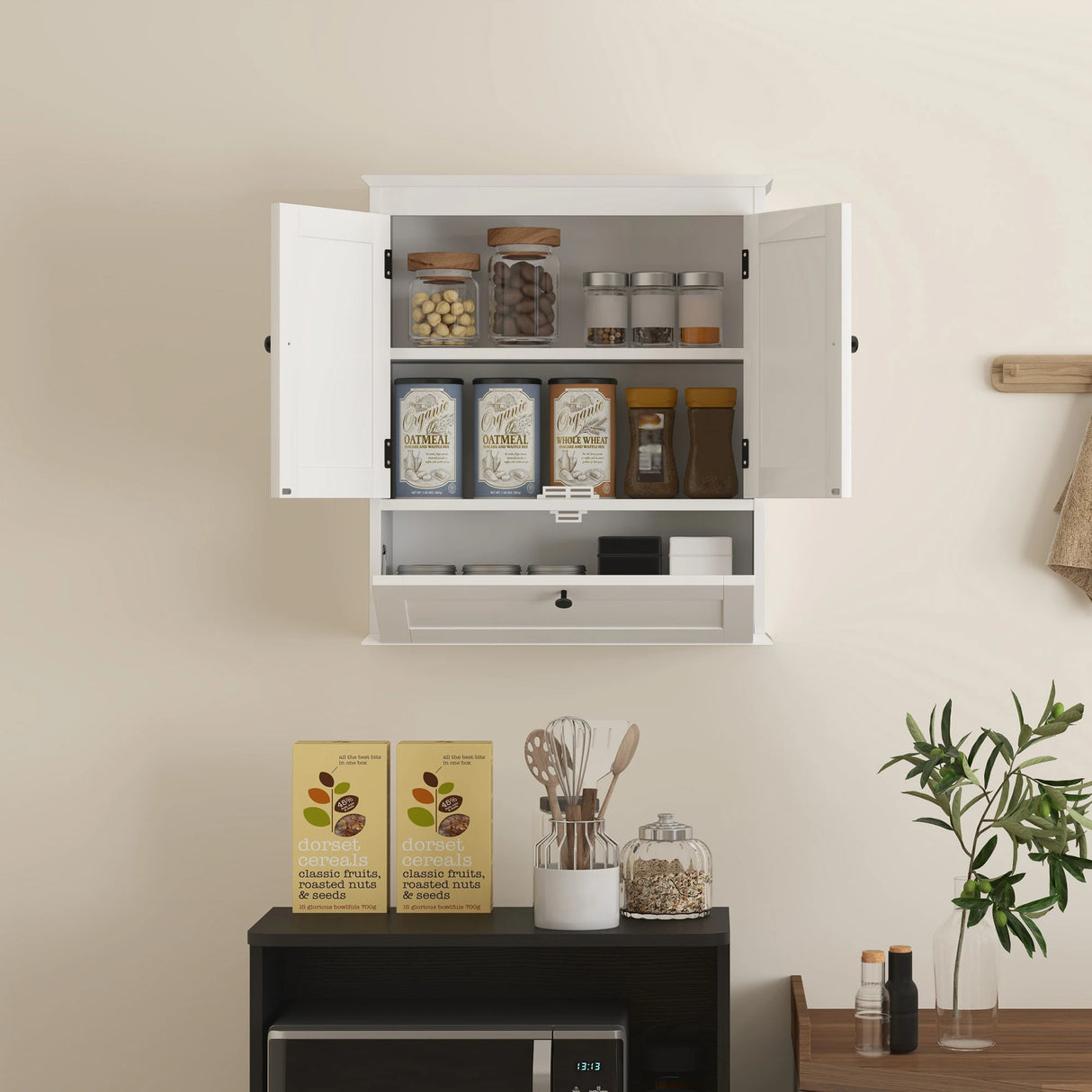 HOMCOM Bathroom Wall Cabinet with Adjustable Shelf and Recessed Doors, White