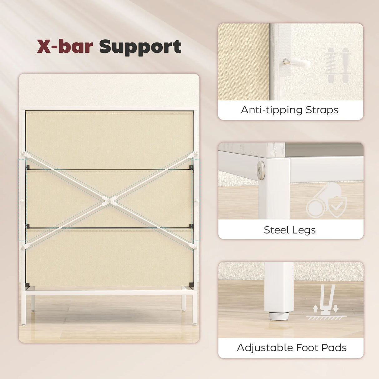 HOMCOM Chest of Drawers, Dresser with 3 Fabric Drawers and Aluminium Handles - White