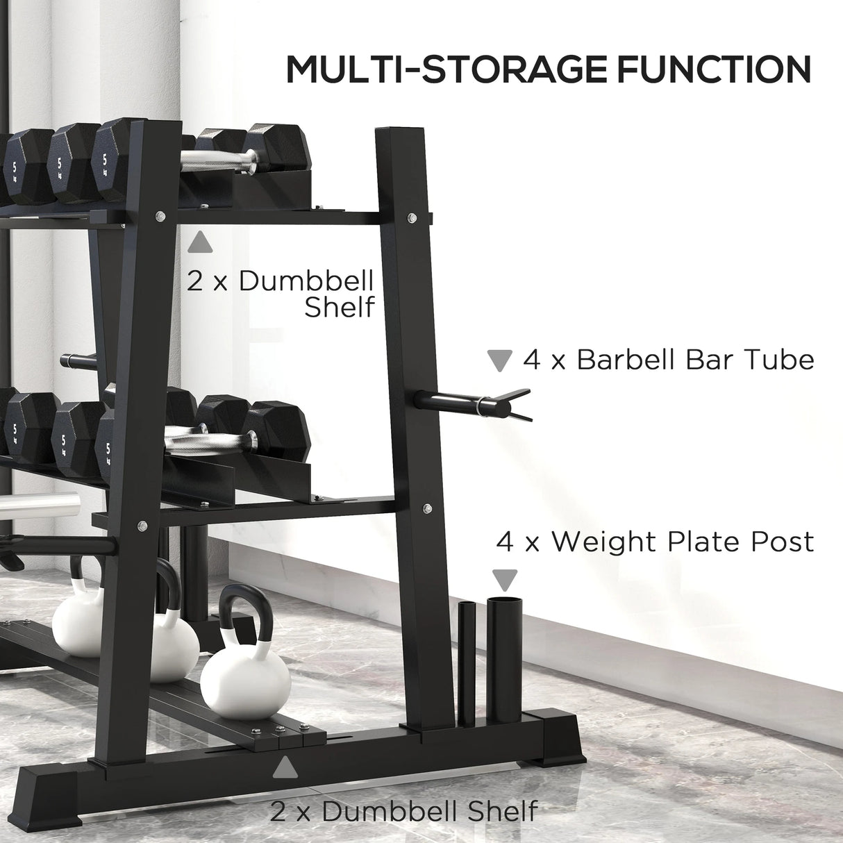 SPORTNOW 3-Tier Dumbbell Rack, Versatile Weight Rack with 4 Weight Rods for Dumbbells, Kettlebells and Plates (Rack Only)