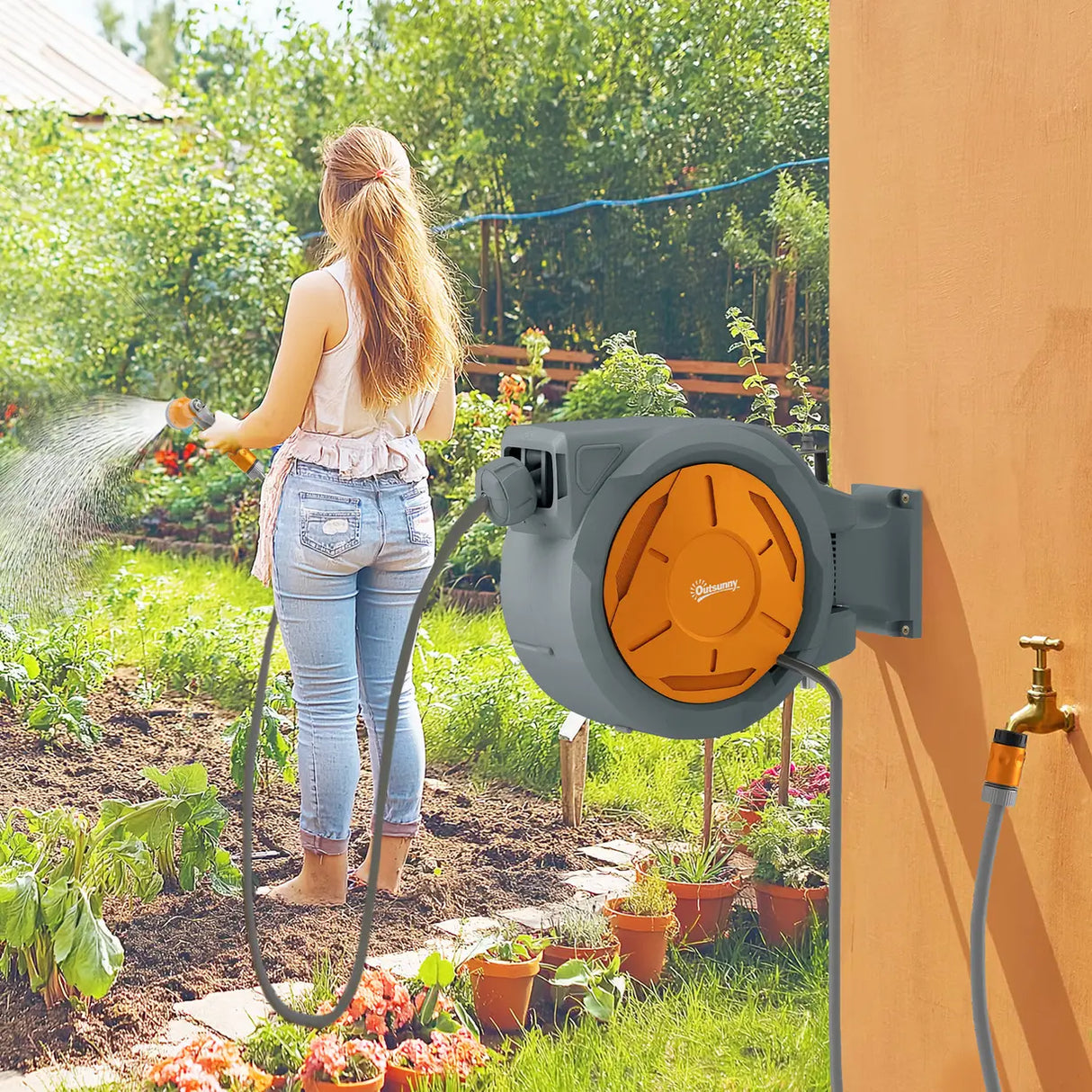 Outsunny Retractable Hose Reel Wall Mounted, 30+2m Garden Hose Pipe Reel with Lock, Auto Rewind, 7 in 1 Spray Nozzle, Includes Wall Fixings, 180 Swivel, Outdoor Watering, Orange
