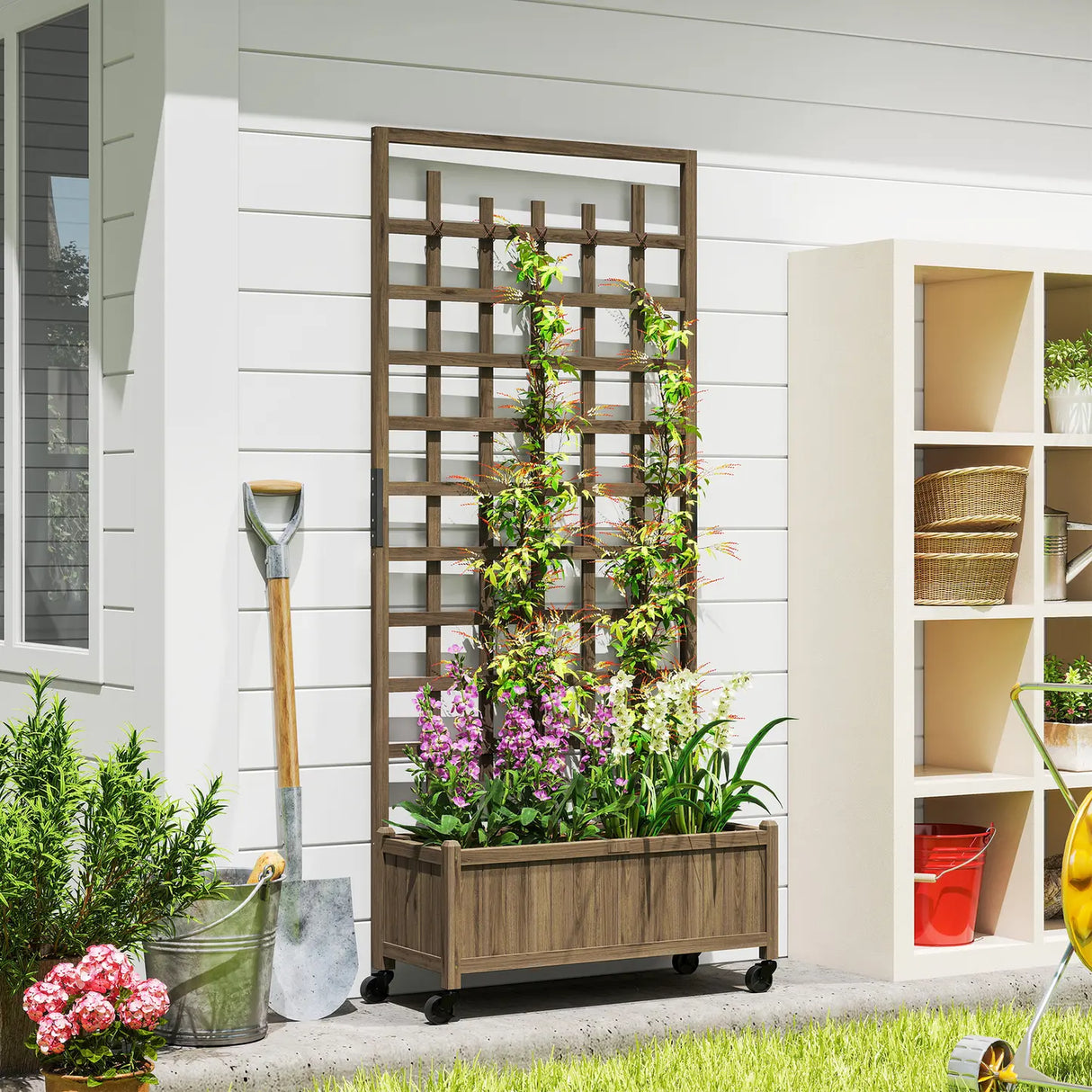 Outsunny Wooden Trellis Planter, Raised Garden Bed with Wheels, to Climb and Grow Vegetables, Herbs and Flowers, Brown