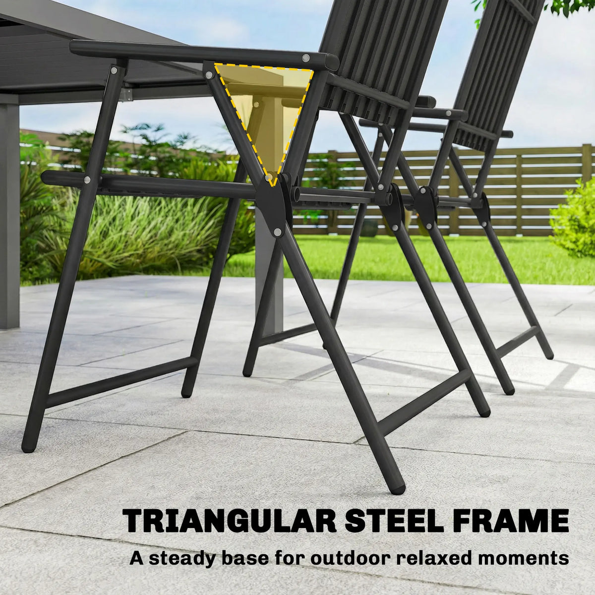 Outsunny Folding Garden Chairs, Garden Dining Chairs with Plastic Slatted Seat Back, Armrests, Steel Frame, Set of 4, Black