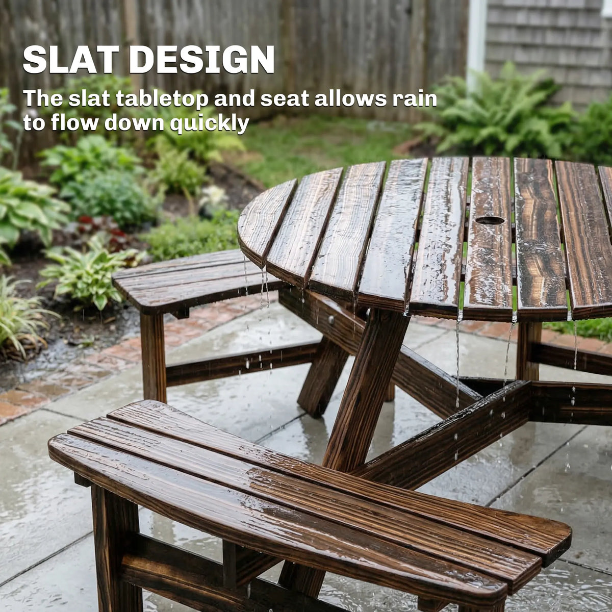 Outsunny Wooden Garden Dining Set, 6 Seater Round Dining Picnic Table with Matching Bench, Garden Furniture Set with Parasol Hole for Outdoor Patio Party and Family Gatherings, Carbonized