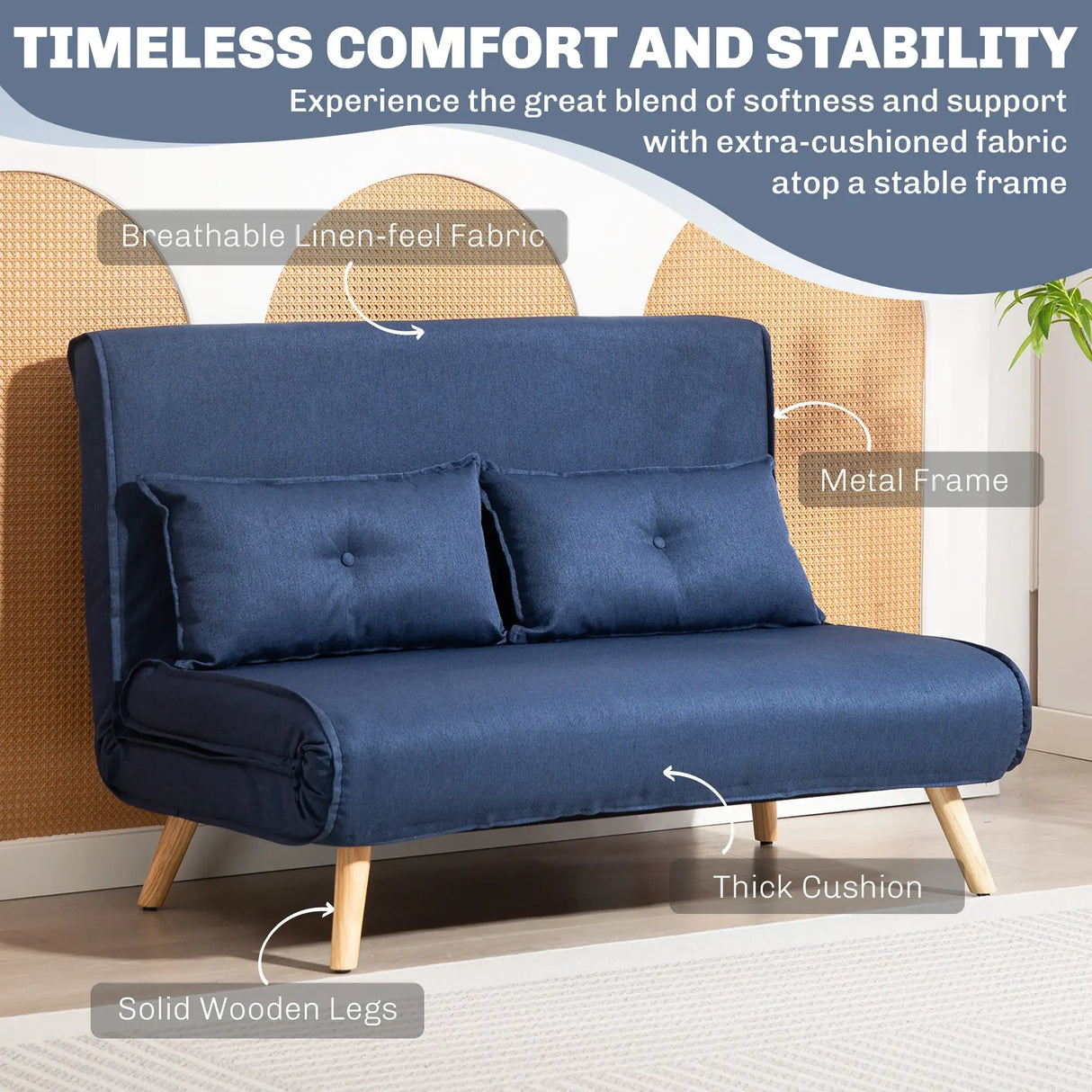 HOMCOM Two-Seater Linen-Look Sofa Bed - Dark Blue