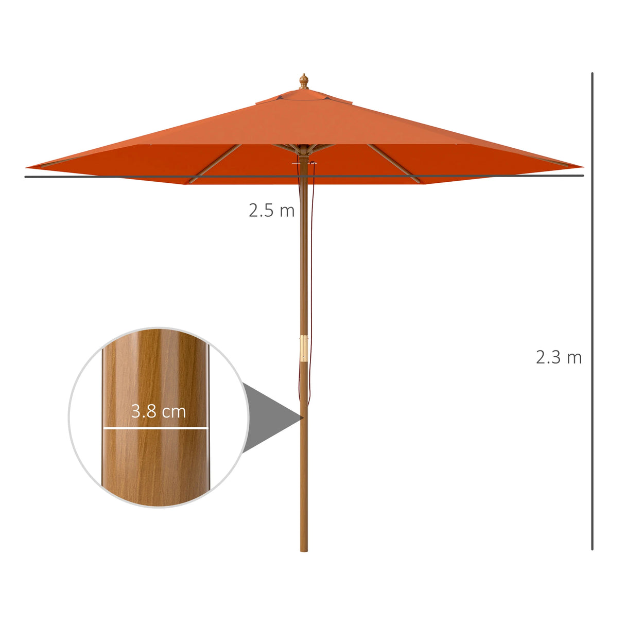 Outsunny 2.5m Wood Garden Parasol Sun Shade Patio Outdoor Wooden Umbrella Canopy, Table Market Umbrella with Vent, 38mm Pole, Rope Pulley Mechanism, Orange