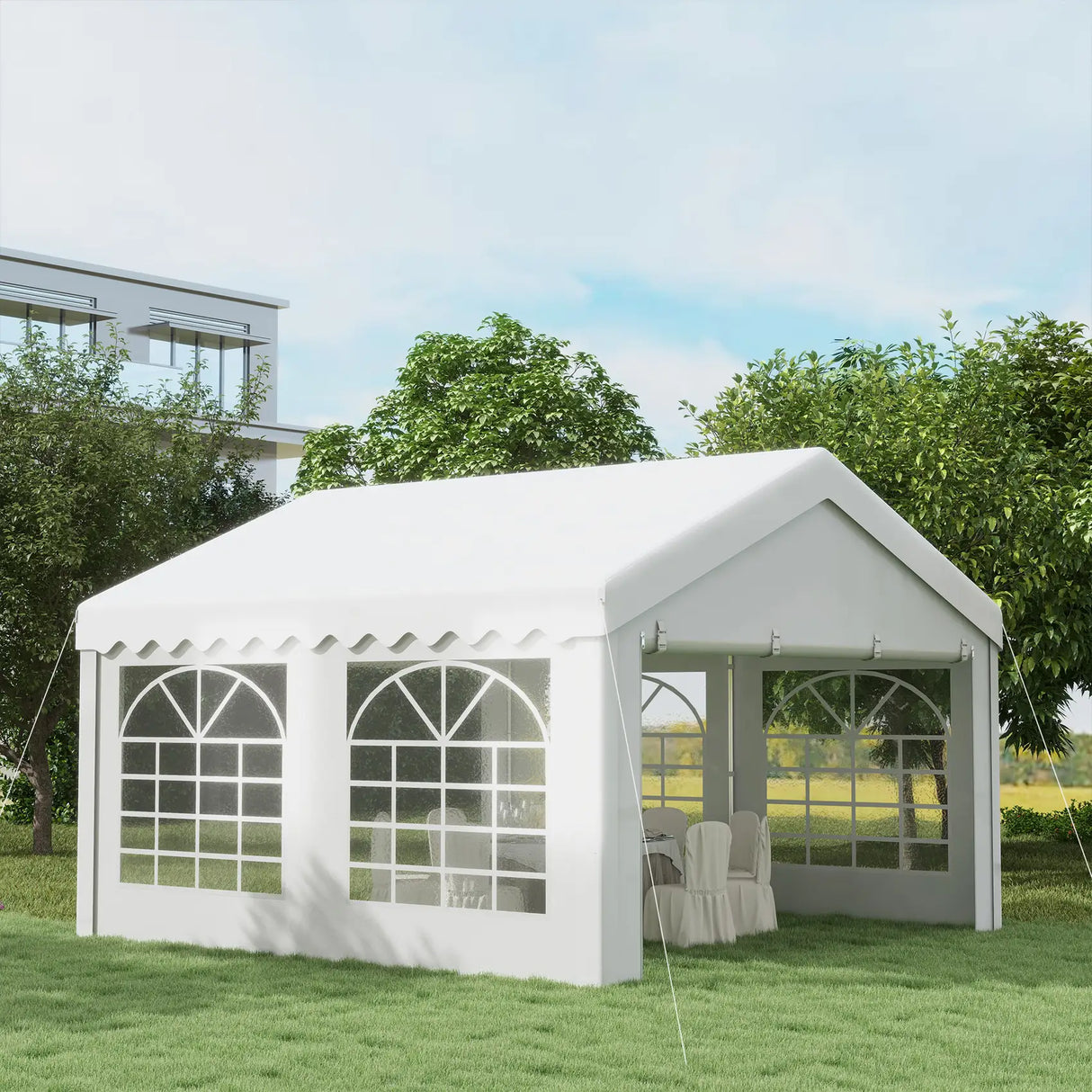 Outsunny 4m x 4m Marquee Party Tent, Heavy Duty Wedding Canopy with Sidewalls, Doors, Windows, Galvanised Garden Gazebo for Parties Events, White