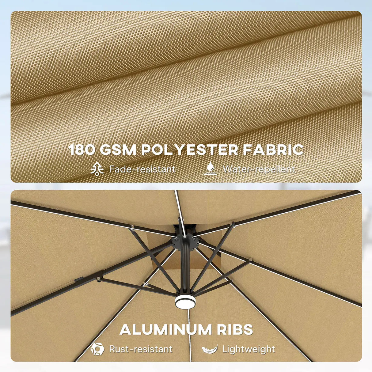 Outsunny 2.5m Cantilever Parasol with Solar Powered LED Lights, 360 Rotation, Tilt Adjustment, Crank Handle, Khaki