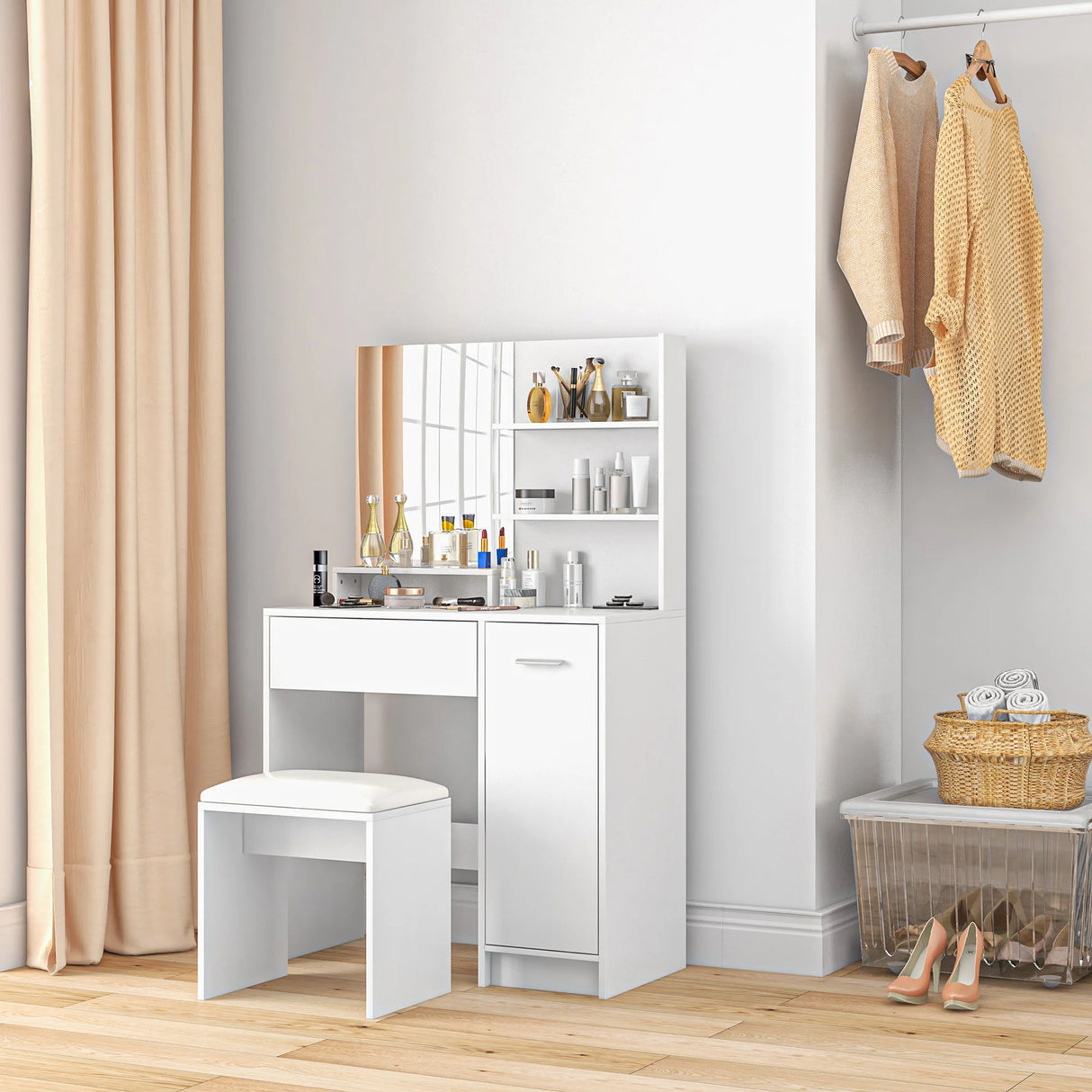 HOMCOM Dressing Table and Stool Set, with Storage - White