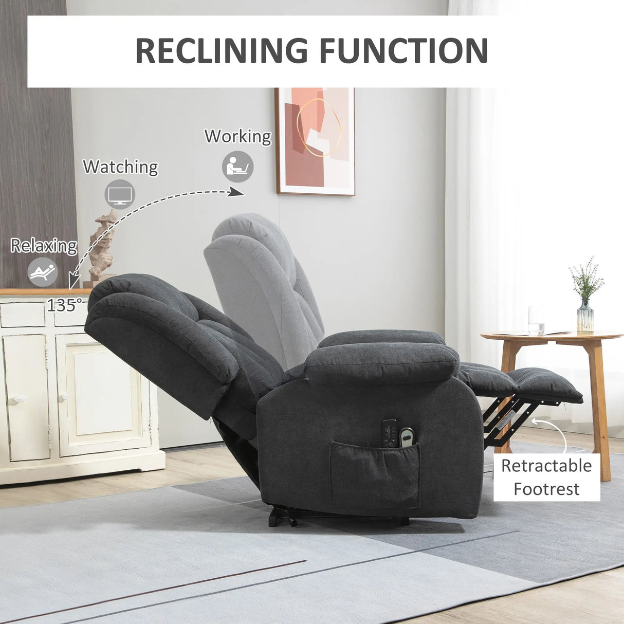 HOMCOM Overstuffed Riser and Recliner Chairs for the Elderly with 8 Vibration Massage, Fabric Upholstered Lift Chair for Living Room with Remote Control, Side Pocket, Footrest, Dark Grey