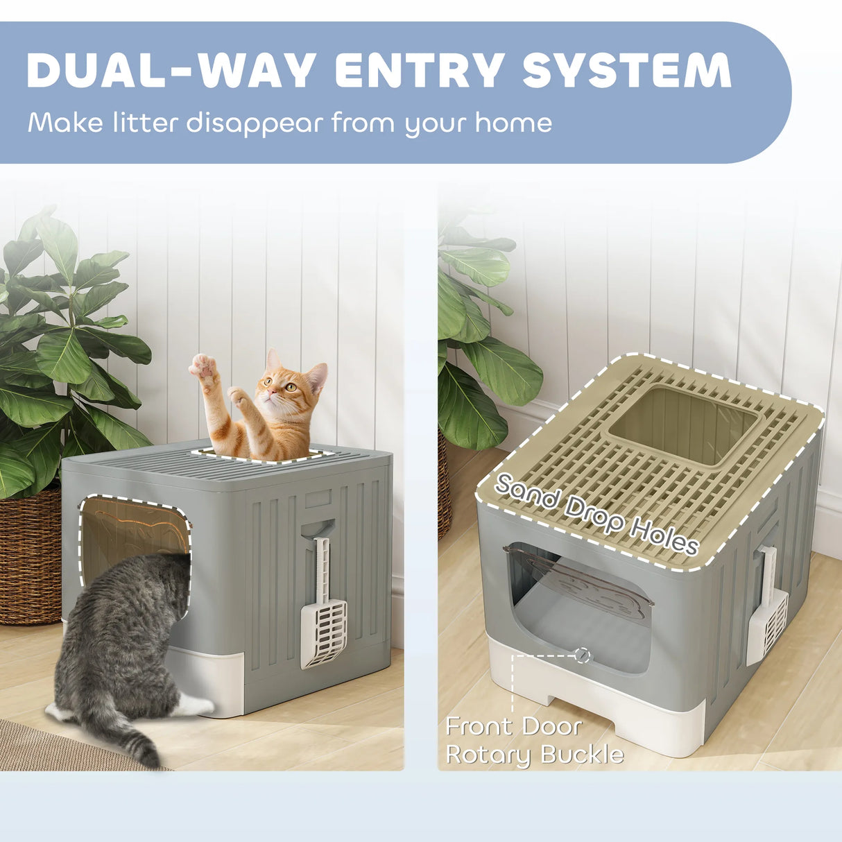 PawHut Foldable Cat Litter Box with Lid, Slide-Out Drawer, Scoop, Easy Clean, Odour Control, Anti-Splashing, Grey