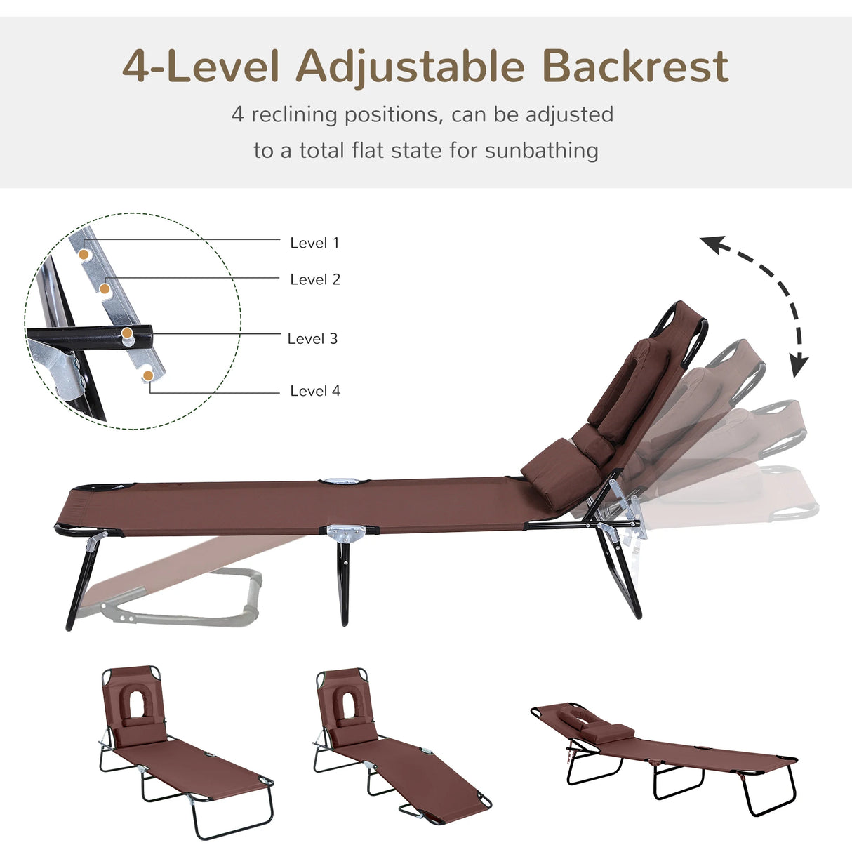 Outsunny Folding Sun Lounger with Face Hole, 4-Position Adjustable Backrest Garden Recliner Chair Sunbed, Outdoor Lounge Chair with 600 D Oxford Cloth Seat, Pillow for Beach, Brown