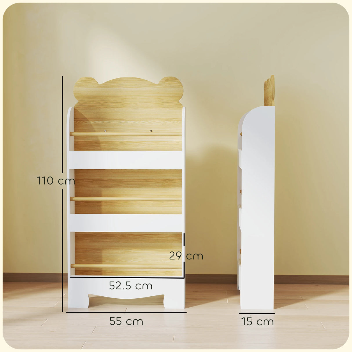 AIYAPLAY Kids Bookshelf, 3 Tier Children Bookcase, Bear Theme Toddler Space-Saving Bookcase for Living Room, White