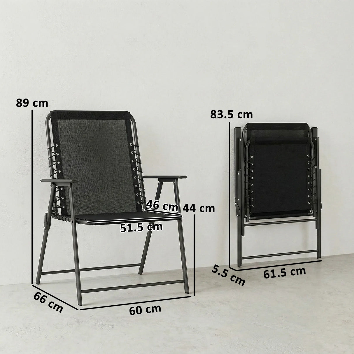 Outsunny Folding Garden Chairs Set of 2, Outdoor Dining Chairs with Wide Texteline Seat, High Back and Armrests, Black
