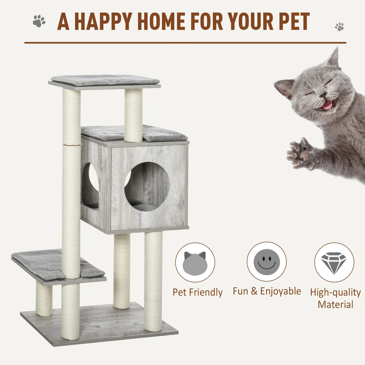 PawHut Cat Tree for Indoor Large Cats 113cm Kitten Tower Condo Jute Scratching Post Kitten Play House Activity Center Furniture