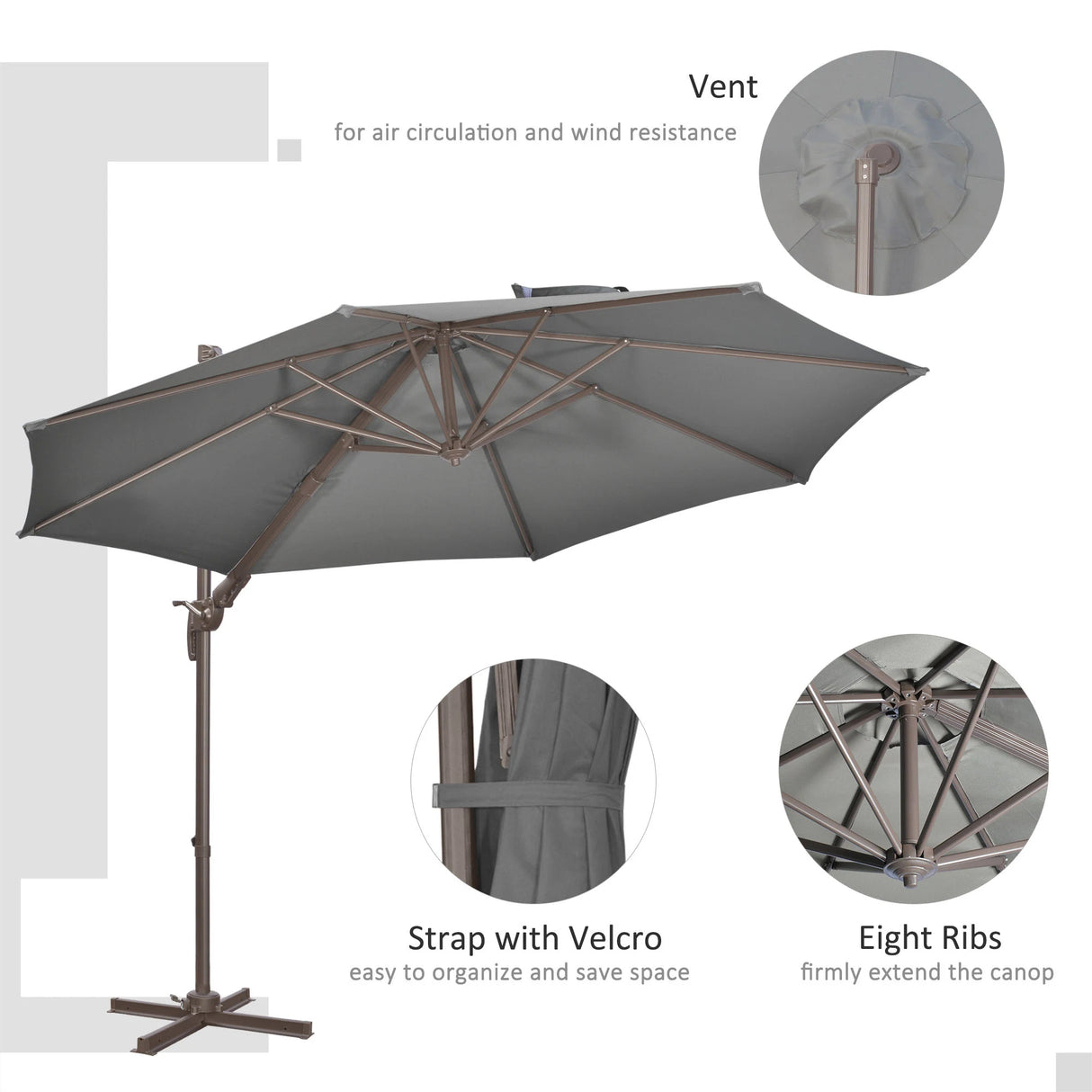 Outsunny 3(m) Cantilever Parasol 360 Rotation Roma Umbrella Hanging Sun Shade with Aluminium Frame, Tilt Crank, 8 Ribs and Cross Base, Dark Grey